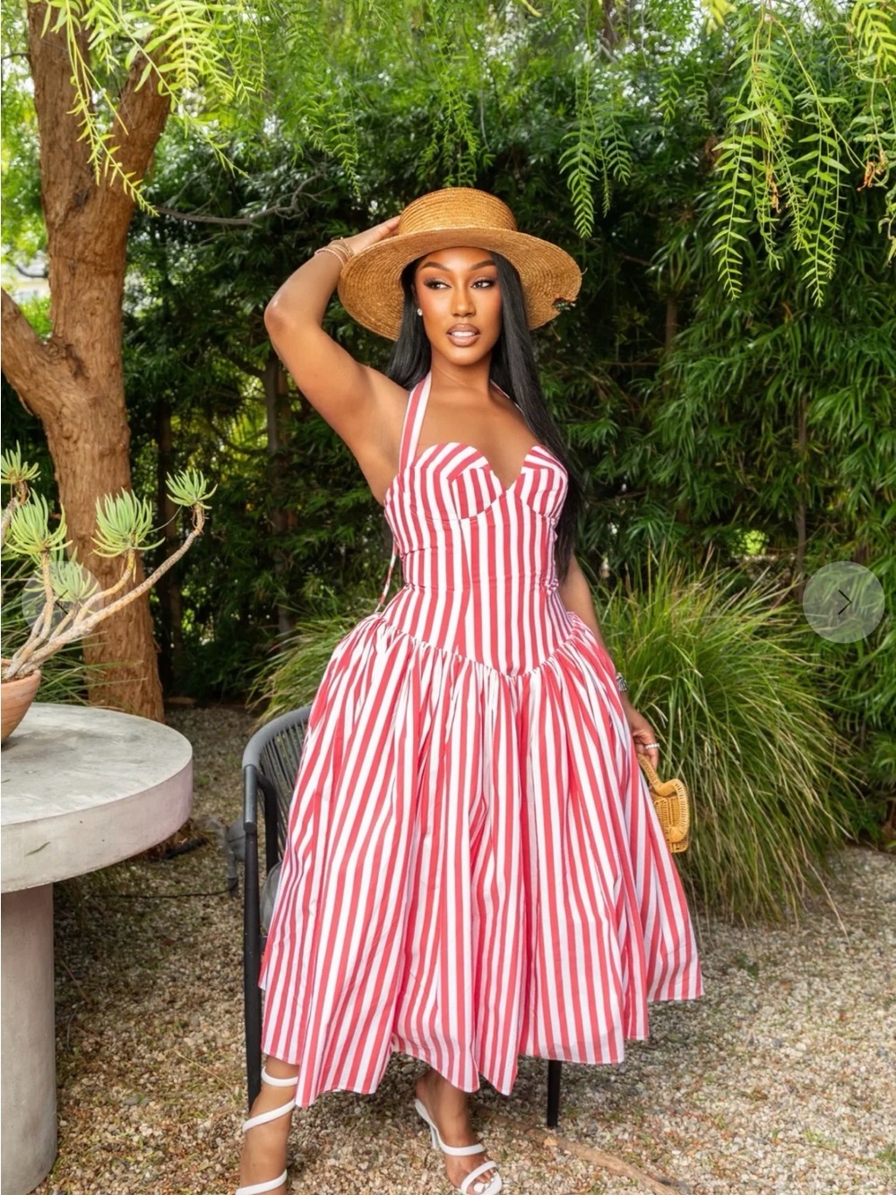 Red and White Stripe Halter Midi Dress